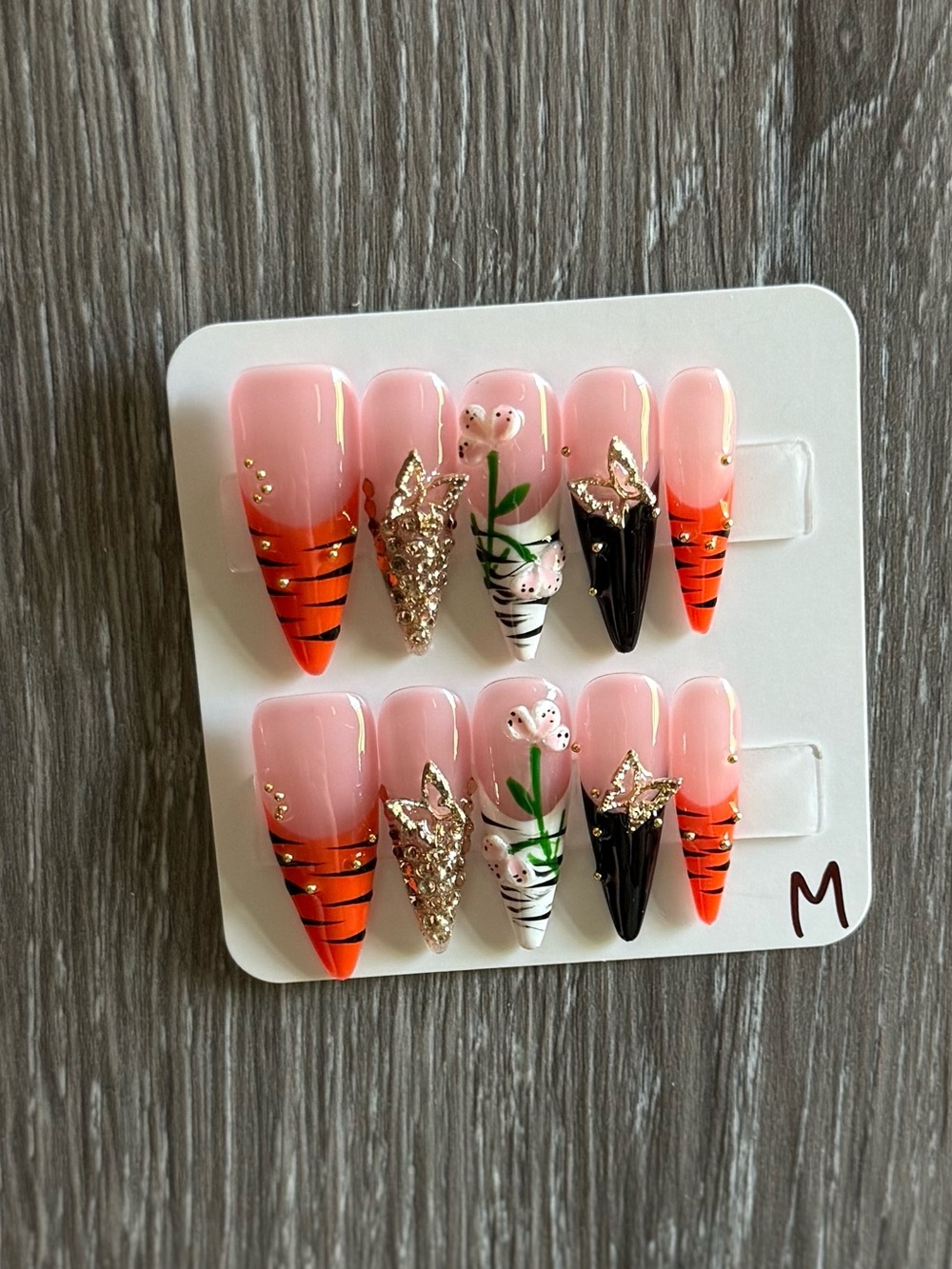 Black & Orange Floral Accent Press-On Nail Set with Gold Accents